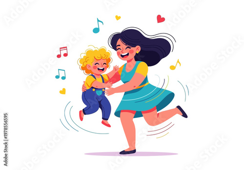 Woman and child dancing together happily.