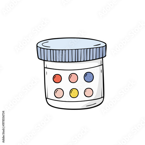 Medicine container with round pills in different colors inside a label on white background