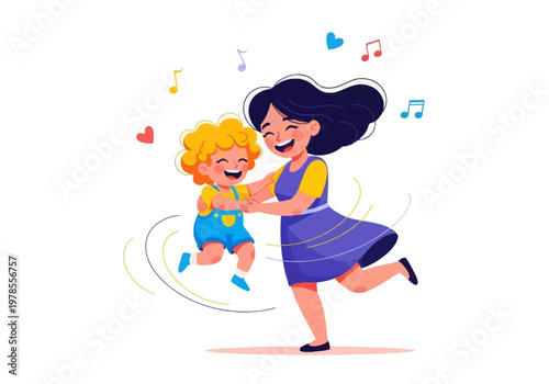 Woman and child dancing together happily.