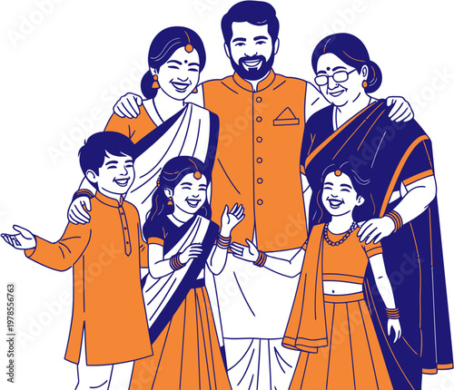 Happy Indian family posing for a photo, wearing traditional Indian clothing