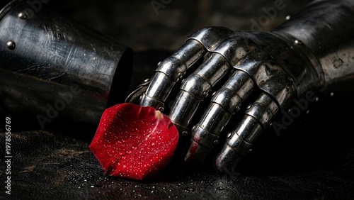 Close-up of a medieval knight armor gauntlet holding a delicate red rose petal.