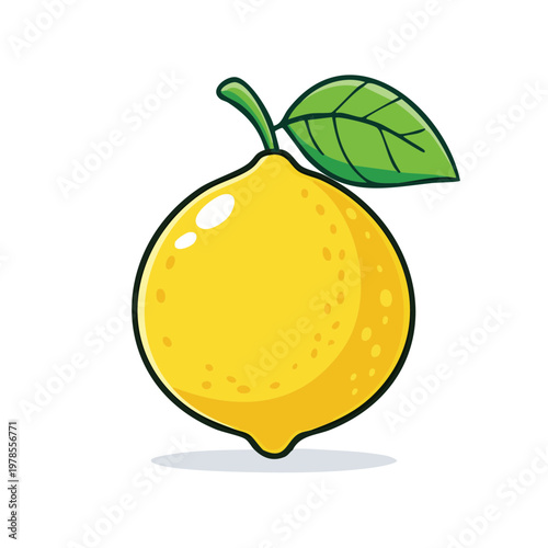 Single ripe yellow lemon with a green leaf and stem, cartoon illustration