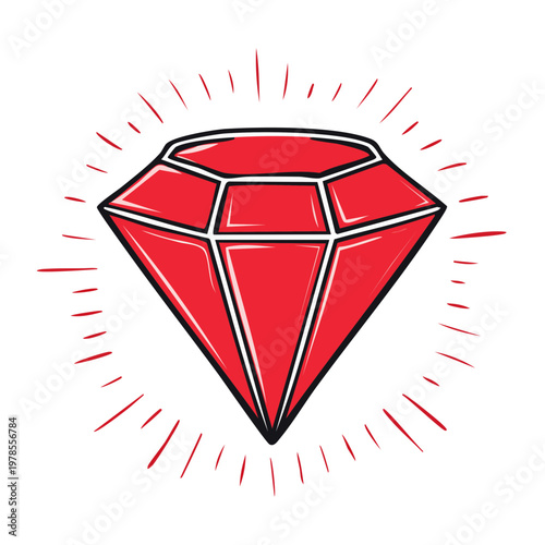 Vibrant Red Gemstone Sparkling with Radiating Light Rays Hand Drawn Style