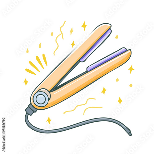 Stylized illustration of an open peach colored hair straightening iron with sparkling yellow accents and wavy lines.
