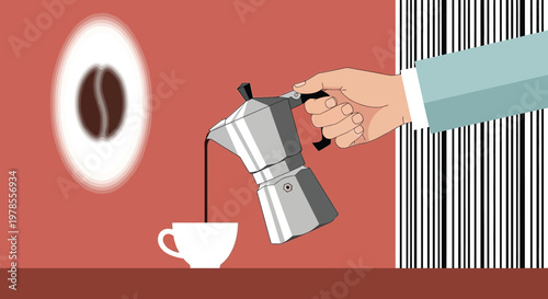 A stylized illustration depicts a moka pot brewing coffee with coffee beans and striped background