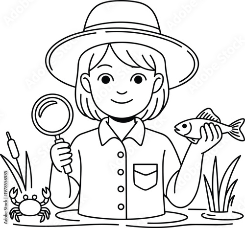 Cute girl biologist explorer holding magnifying glass and fish in pond environment black and white line art vector illustration.