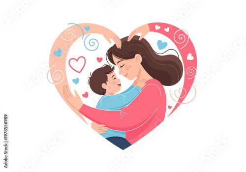 Mother and child hug love heart.