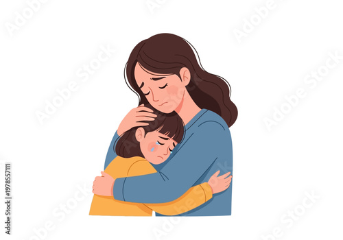 Mother Embracing Little Child Warmly.