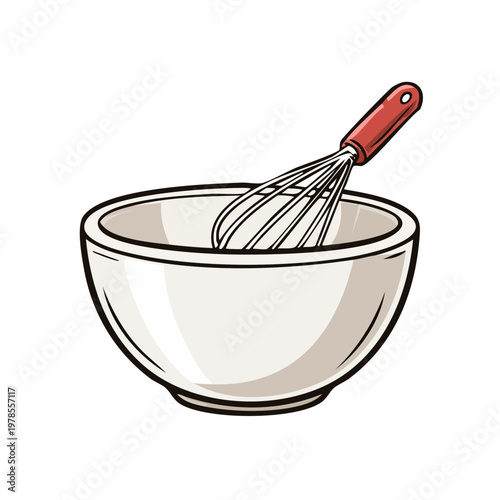 Whisking tool resting in a clean white mixing bowl with a red handle prepared for baking preparation