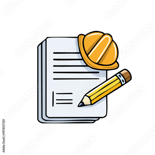 Construction worker's hard hat resting on a stack of documents with a pencil writing on the pages