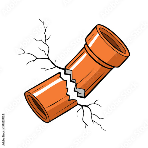 Broken orange PVC pipe with cracks and branching lines suggesting damage