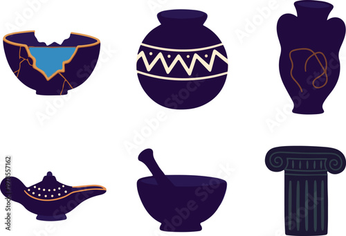 Ancient greek pottery collection flat design style antique amphora broken bowl mortar pestle column lamp.