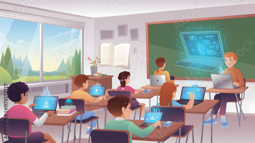 Students in a classroom using laptops with glowing holographic interfaces and a digital projection