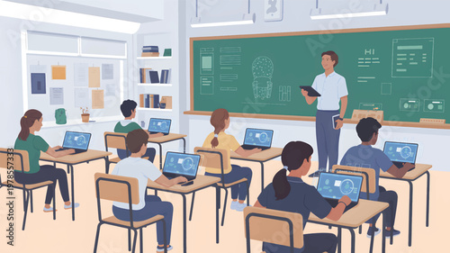 A teacher standing by a green chalkboard in a classroom with students using laptops at their desks