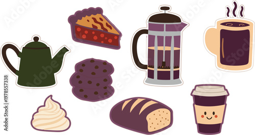 Coffee shop and bakery stickers set with teapot french press cup of coffee chocolate cookies bread and cherry pie slice.