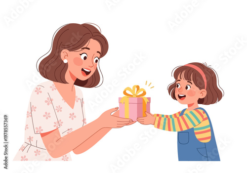 Woman and girl exchanging gift box.