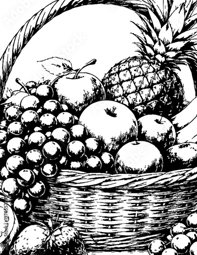 still life in detailed black and white illustration style, showcasing a wicker basket overflowing with a variety of fruits. The basket is positioned centrally in the frame