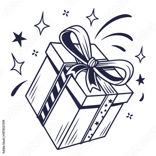 A beautifully illustrated gift box with a ribbon and stars, symbolizing celebration and joy.