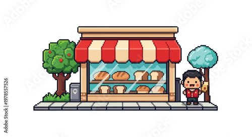 A charming pixel art vector illustration of a cozy bakery shop with bread in the window and a happy boy standing next to a leafy tree.