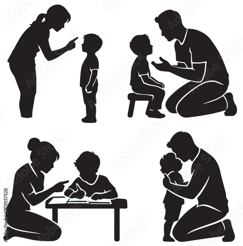 Adult child silhouettes discipline guidance teaching hugging family care relationship set