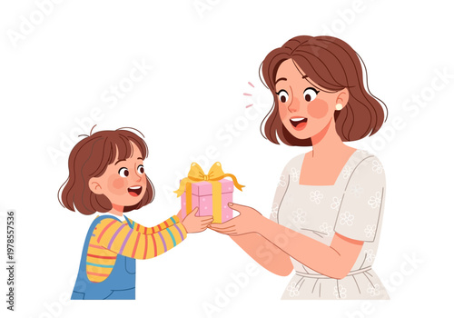 Woman giving gift to little girl.