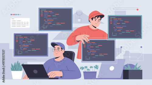 Two programmers working on software code, surrounded by floating digital screens and potted plants