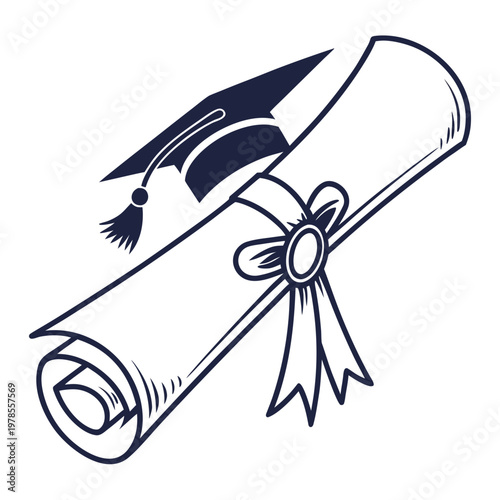 A minimalist vector graphic of a graduation cap and diploma on a white background