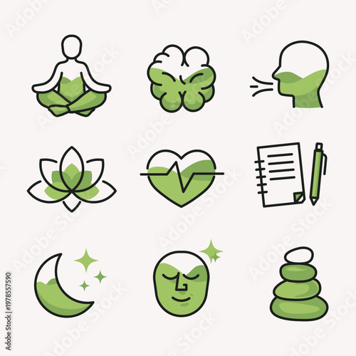 Mental Wellness - Mindfulness Icon Set - 9 Icons  Green Line Style