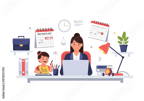 Woman working on laptop with child.