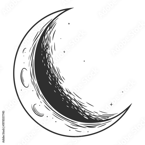 A minimalist black and white illustration of a crescent moon with stars and craters