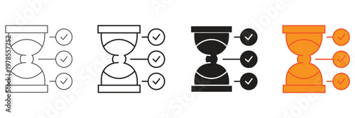 hourglass with checklist and three checkmarks representing tasks completed or goals achieved in time management and project planning