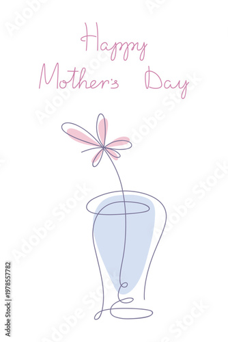 Happy Mother's Day greeting card one flower in a vase hand-drawn with a line, vector illustration. Floral minimalistic design and lettering for banners, posters, labels, social networks, prints