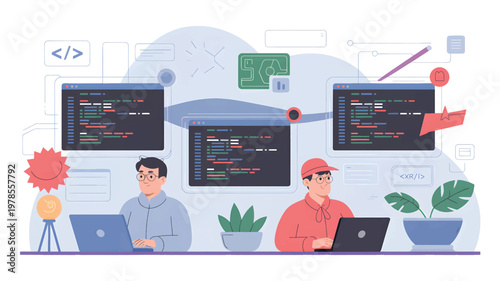 Two programmers working on laptops with floating code windows, software development, flat programming
