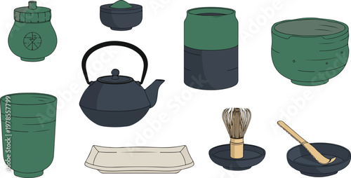 Japanese matcha tea ceremony set including whisk, scoop, bowls, tray, and teapot in minimalist green and dark grey colors.