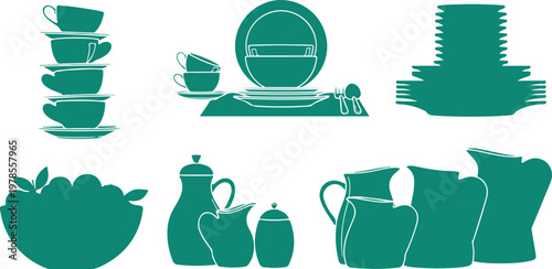 Kitchenware silhouettes collection with stacked plates mugs bowls and jugs isolated icons set for restaurant menu design.