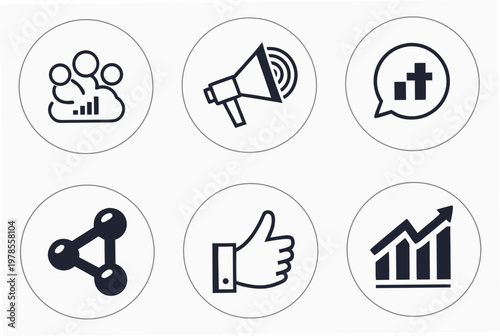 A set of six black and white vector icons depicting business and communication concepts