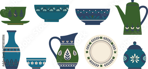modern ceramic kitchenware set, colorful abstract patterns, various utensils, pots, plates, jugs, vases, isolated on transparent background.