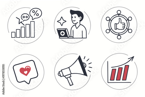 A set of six business icons including graphs, a man with a laptop, a thumbs up, a heart, a megaphone, and a growing chart