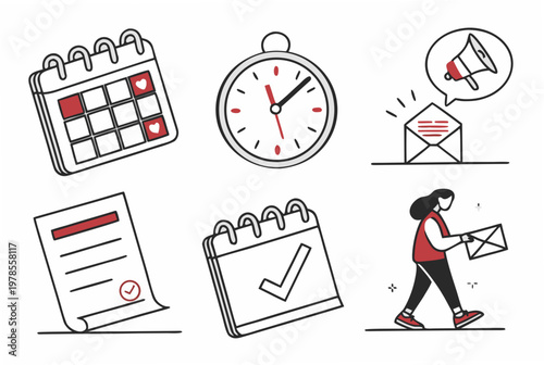 A vector graphic illustration of various office and productivity icons including calendars, clock, email, and checklist