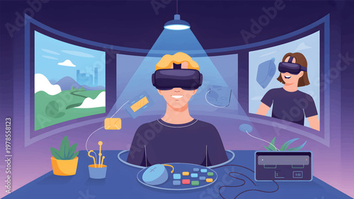 Person wearing a VR headset in a dark room with curved screens, digital and computer equipment, metaverse