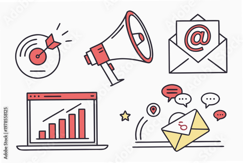 A vector graphic illustration of various digital marketing icons and symbols