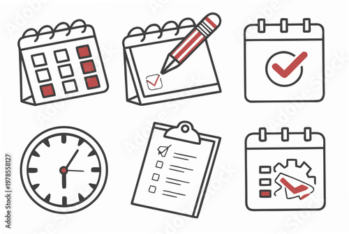 A set of six minimalist icons representing calendar, clock, and checklist concepts for organization and time management