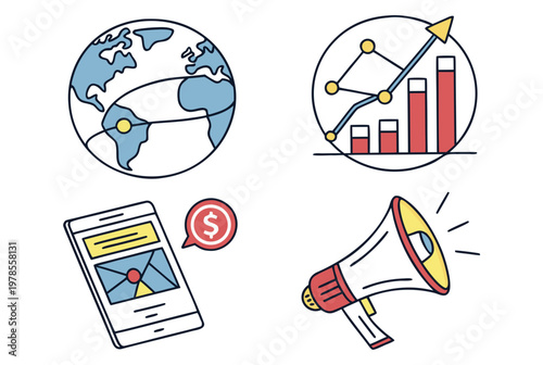A vector graphic illustration of business and marketing icons including a globe, graph, mobile phone, and megaphone.
