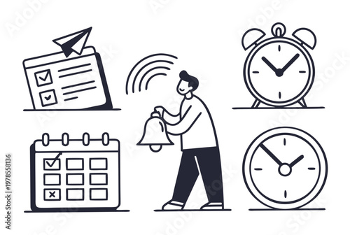 A minimalist vector graphic illustration of a person ringing a bell surrounded by clocks and calendars