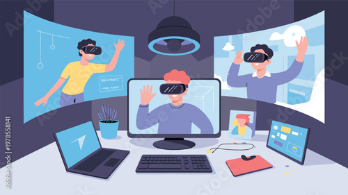 Person wearing a VR headset at a desk with multiple screens showing virtual reality avatars waving hands