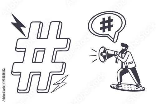 A vector graphic illustration of a man shouting a hashtag through a megaphone with a large hashtag symbol and lightning bolts.