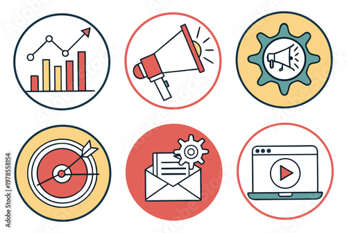 A set of six colorful vector icons representing business and marketing concepts