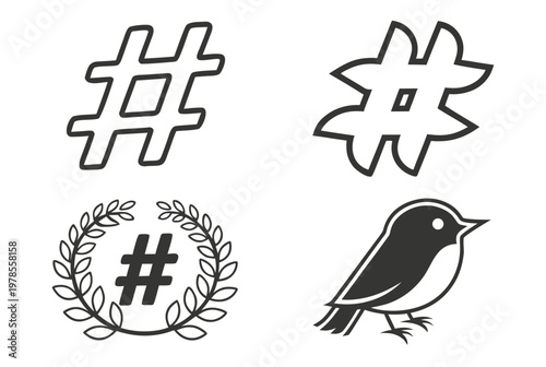 A set of four black and white vector graphics featuring a hashtag symbol, a flower, a laurel wreath, and a bird.