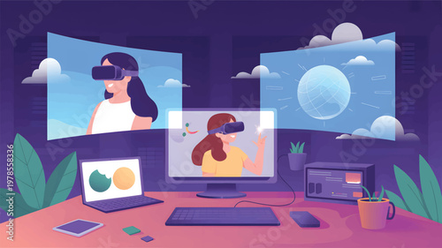 A woman wearing a VR headset interacts with a digital globe interface in a dark room with a desk setup