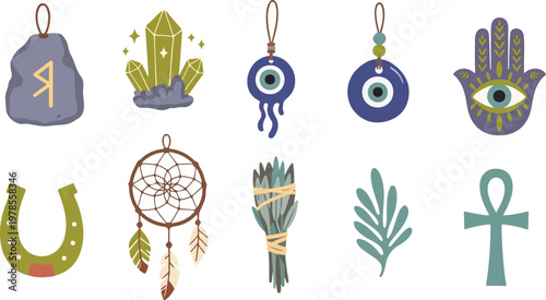 Mystical symbols collection including horseshoe evil eye dreamcatcher crystal rune and hamsa.